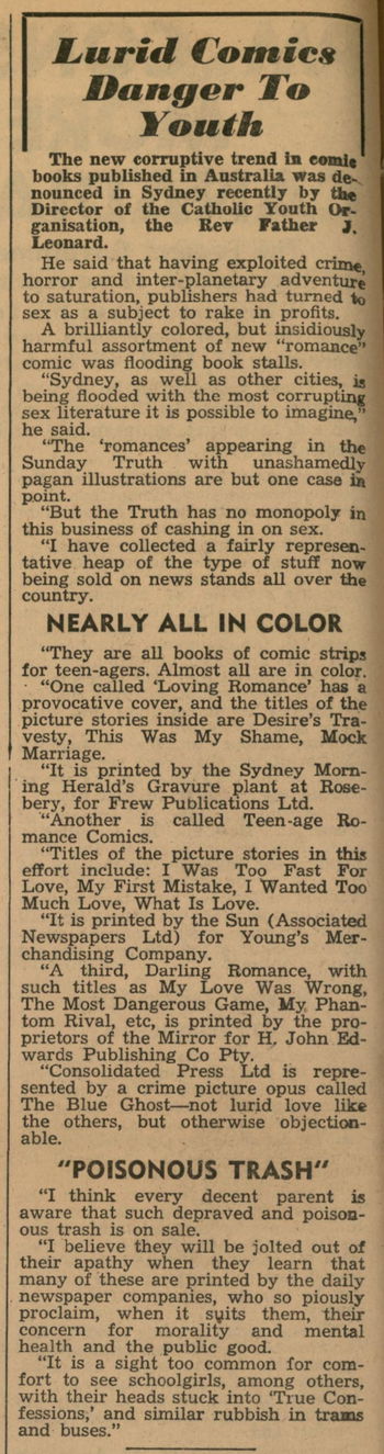 Lurid Comics Danger to Youth [The Journalist (Sydney: Australian Journalists' Association) August 1951] (1951)