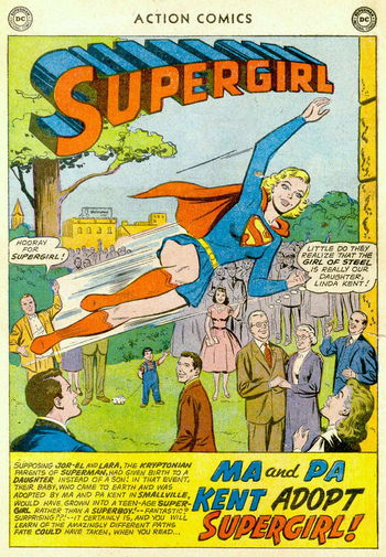 Action Comics (DC, 1938 series) #275 — Ma and Pa Kent Adopt Supergirl! (page 1)