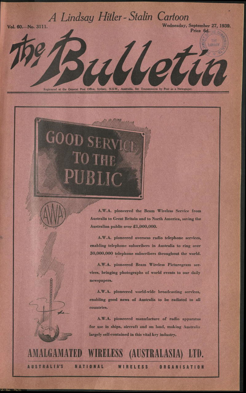The Bulletin (Bulletin, 1880 series) v60#3111 (27 September 1939)