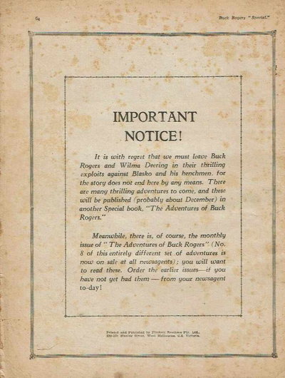 Buck Rogers Special (Fitchett, 1937 series)  #4 ([November 1939?]) — Important Notice!