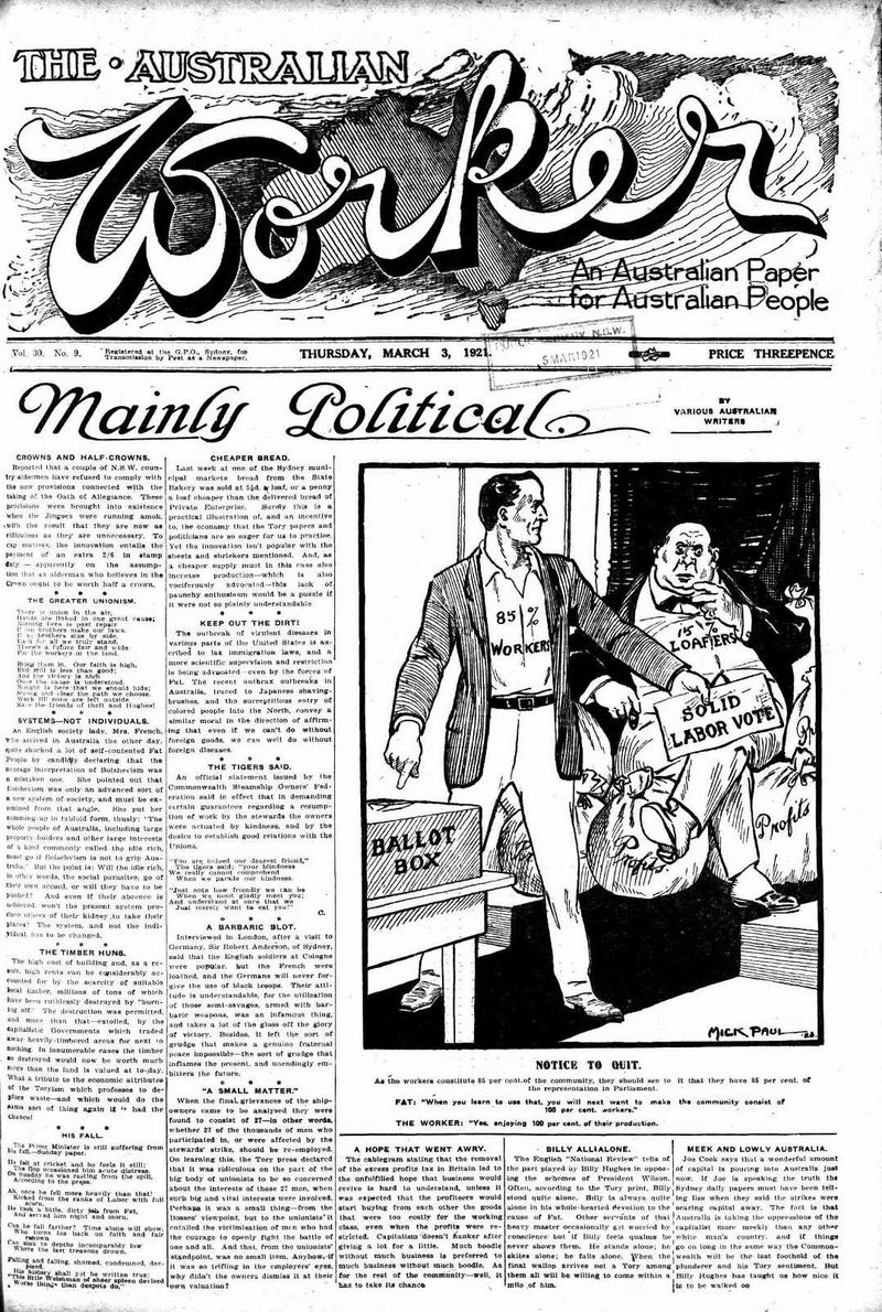 The Australian Worker (AWU, 1913 series) v30#9 (3 March 1921)