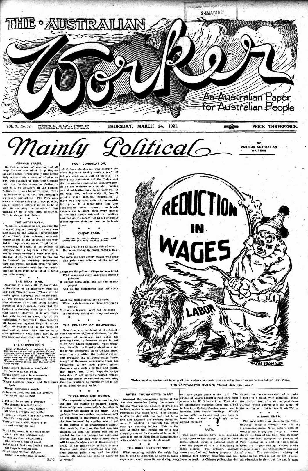 The Australian Worker (AWU, 1913 series) v30#12 (24 March 1921)