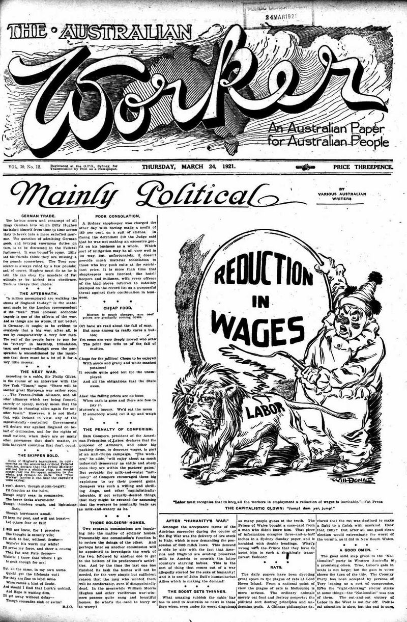 The Australian Worker (AWU, 1913 series) v30#12 (24 March 1921)