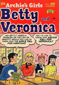 Archie's Girls Betty and Veronica (Archie, 1950 series)  #12 (April 1954) — "Hey Betty! Here's a problem on the law of gravity! Would you like to know why the apple fell for Newton?"