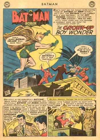 Batman (DC, 1940 series) #107 — The Grown-Up Boy Wonder (page 1)