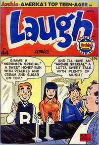 Laugh Comics (Archie, 1946 series)  #44 (April 1951) — "Gimme a "Veronica Special" a sweet honey bun with peaches and cream and sugar on top!"