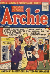 Archie Comics (Archie, 1942 series)  #74 (May-June 1955) — "Nuts, I don't like this picture they're showing today, Archie!"