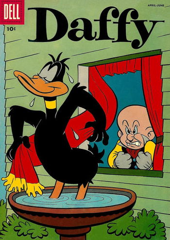 Daffy standing in Elmer's birdbath and drying himself off with a window curtain